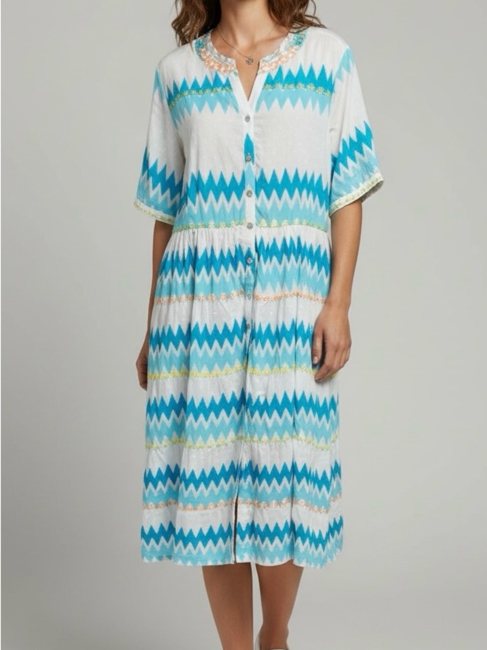 NWT John Mark Women’s L Midi Dress White Turquoise Chevron Cotton Button, Boho